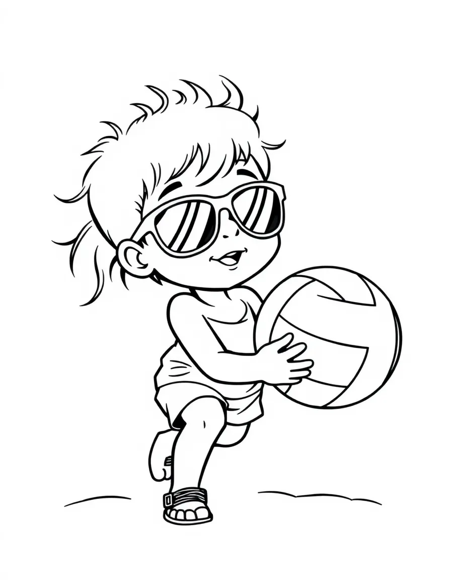 (sports) A child a beach volleyball with sunglasses