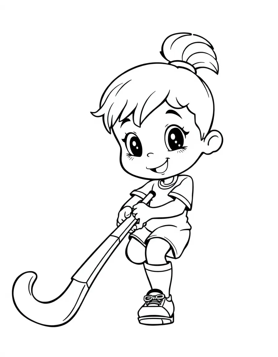 (sports) A child a field hockey stick with a smiling ball