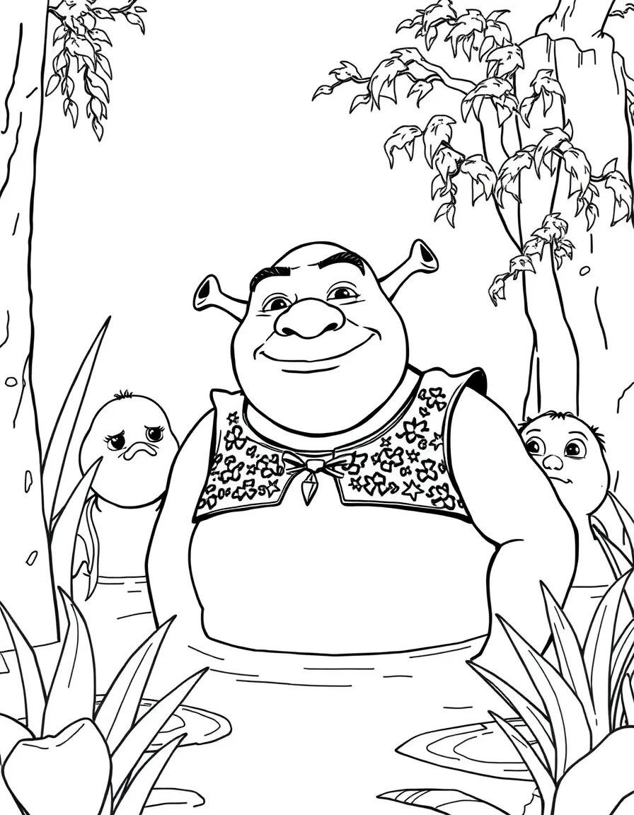 (movie characters) Shrek smiling in his swamp.