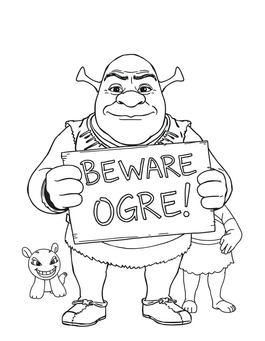 (movie characters) Shrek holding a sign that says "Beware Ogre!"