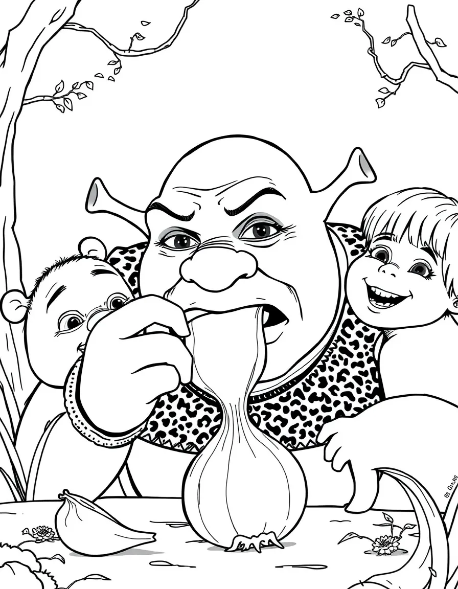 (movie characters) Shrek eating an onion.