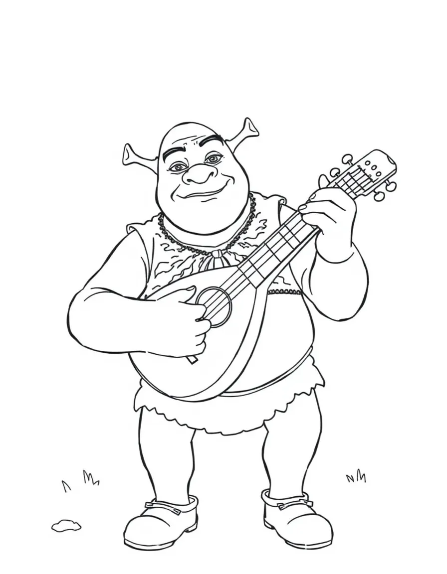 (movie characters) Shrek playing a lute.