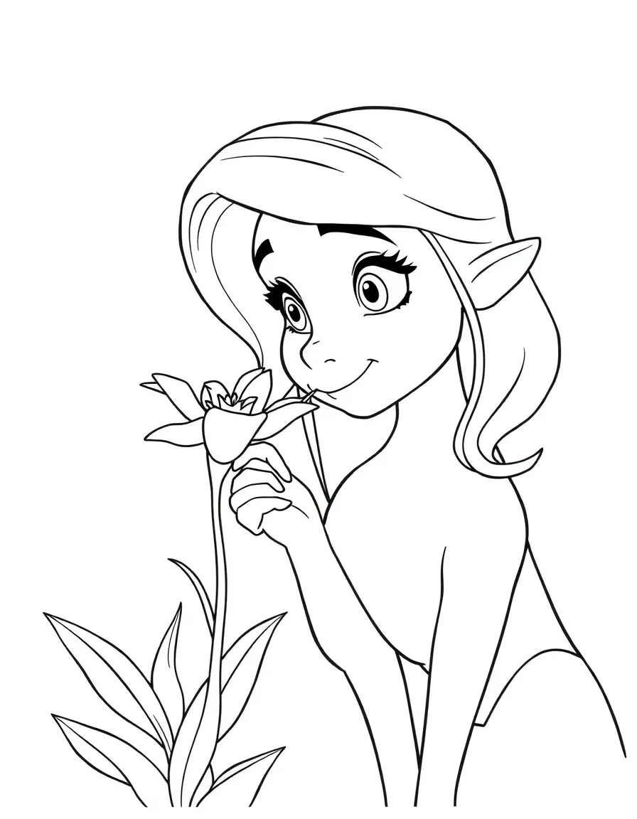 (movie characters) Fiona smelling a flower.