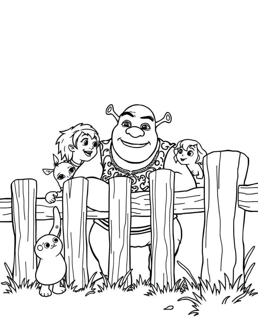 (movie characters) Shrek building a fence.