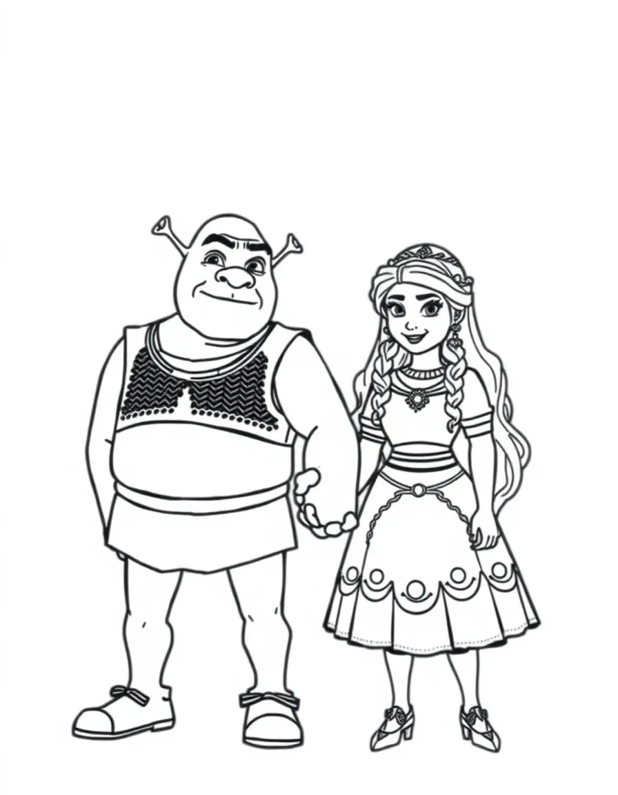 (movie characters) Shrek and Fiona holding hands.