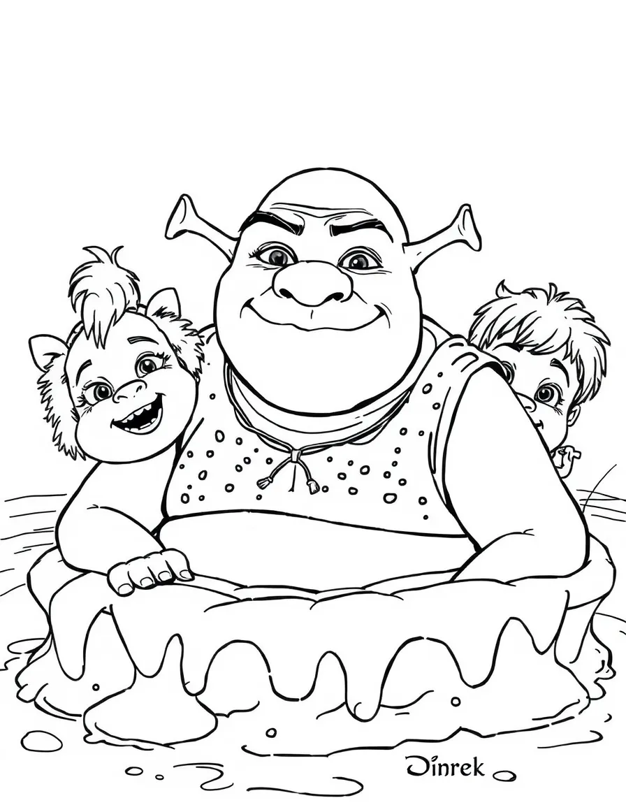 (movie characters) Shrek in a mud bath.