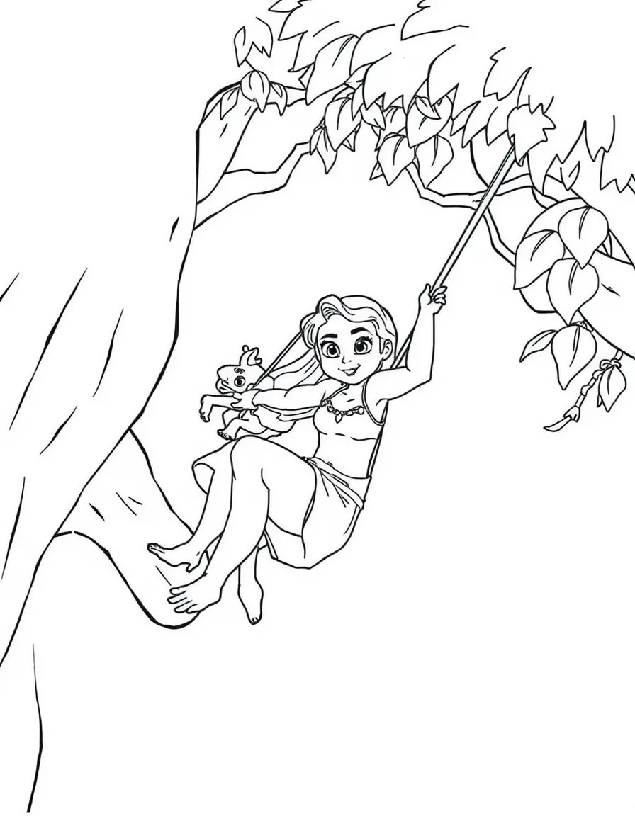 (movie characters) Fiona swinging through trees.