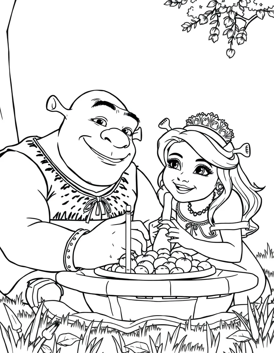 (movie characters) Shrek and Fiona having a picnic.