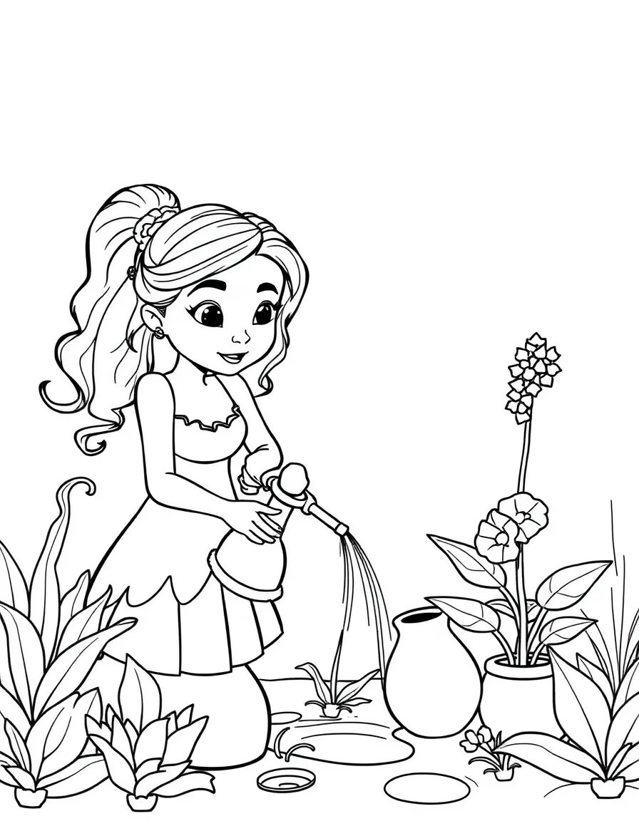 (movie characters) Fiona watering plants.