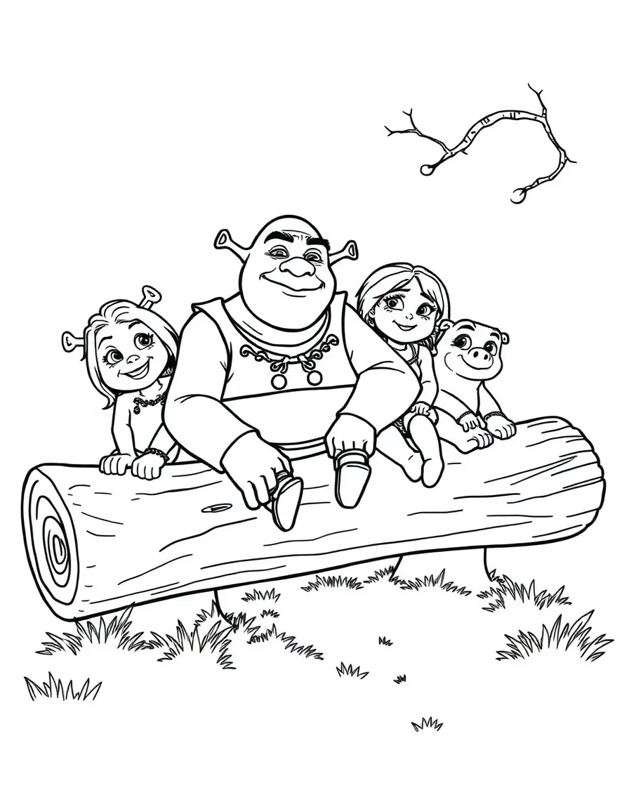 (movie characters) Shrek sitting on a log.