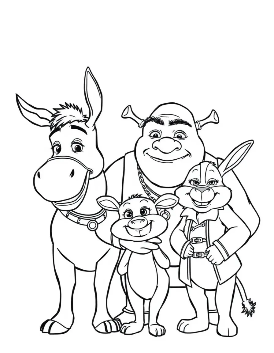 (movie characters) Shrek, Donkey, and Puss in Boots together.