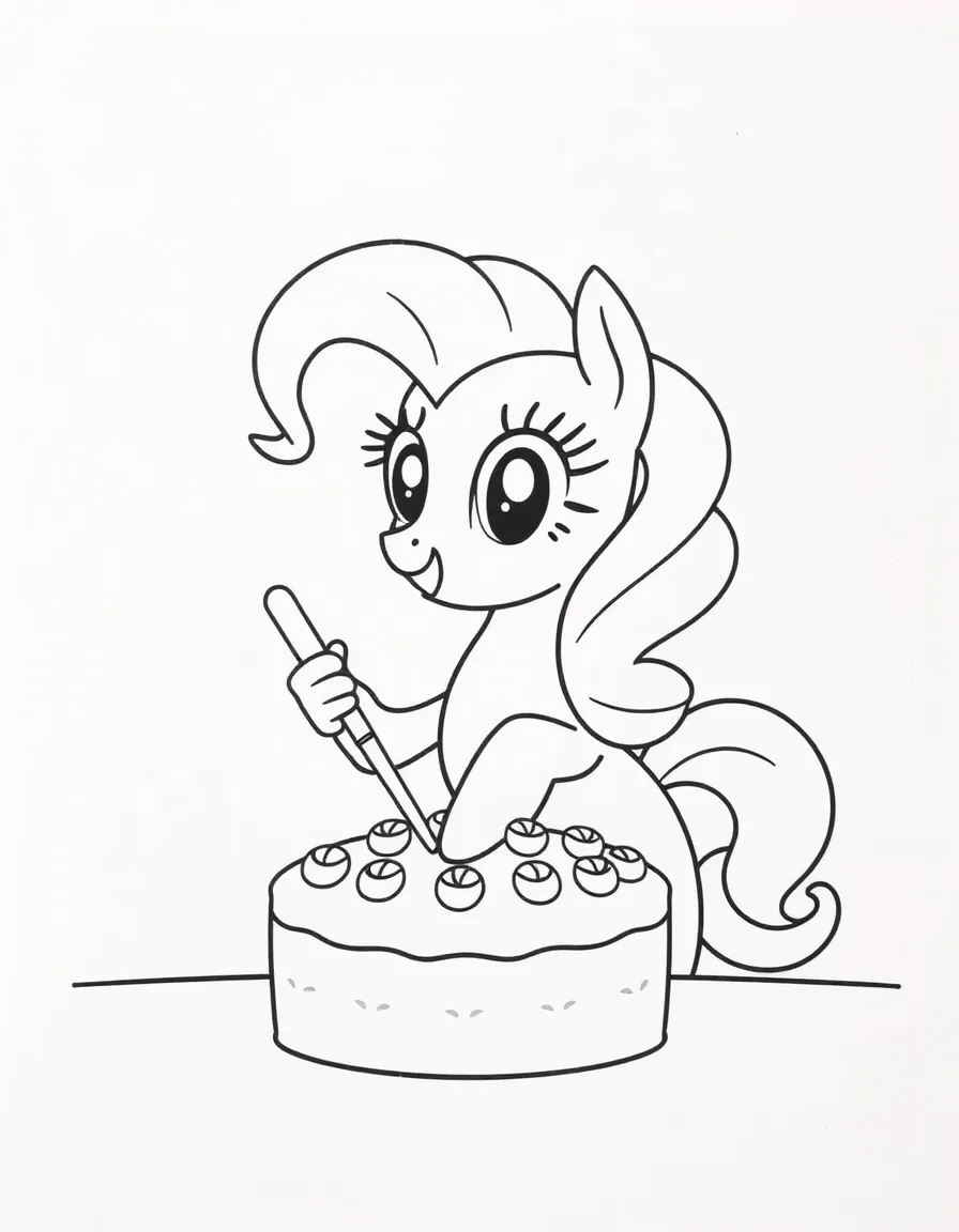 A simple outline of Pinkie Pie baking a cake.