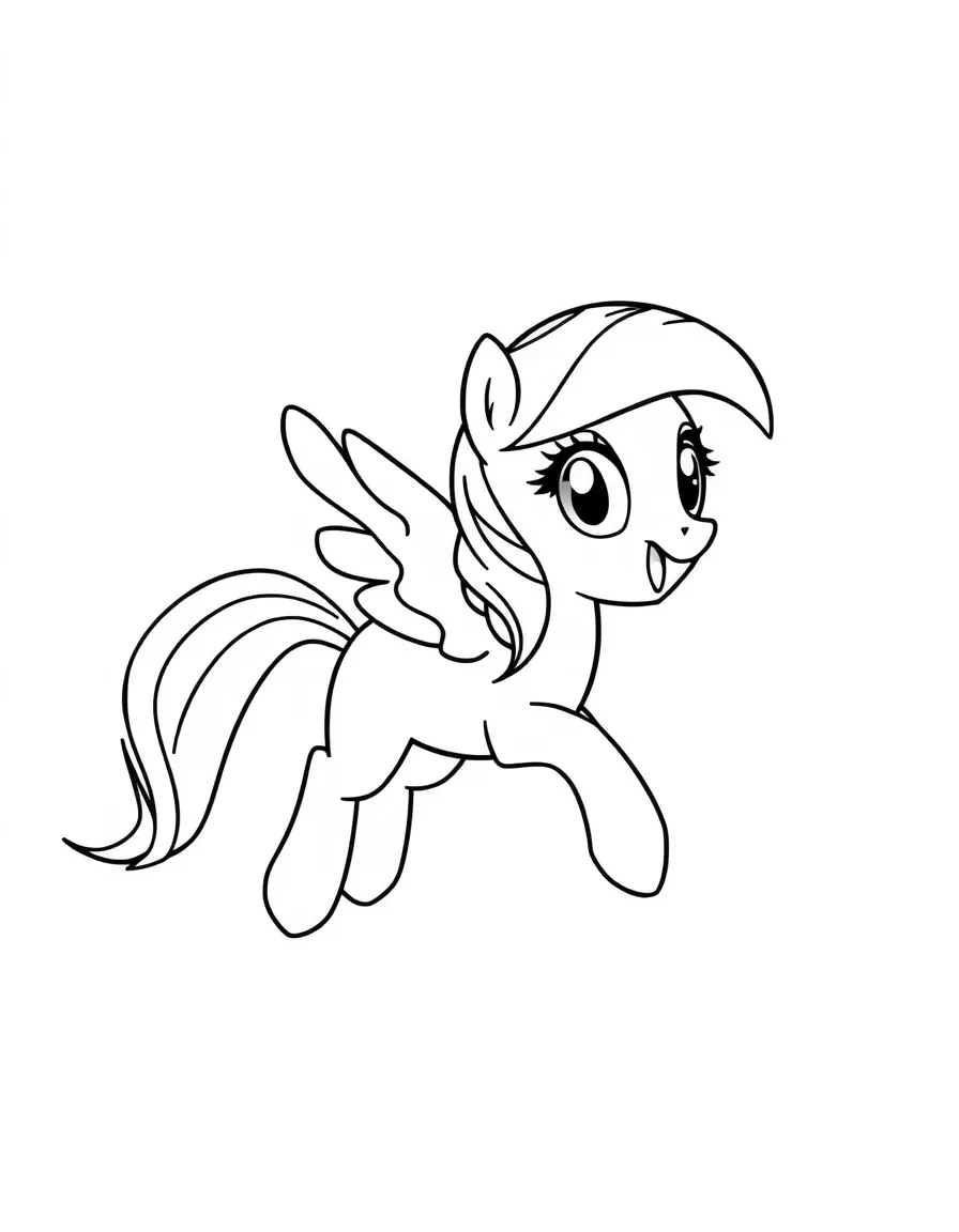 A simple outline of Rainbow Dash flying fast.