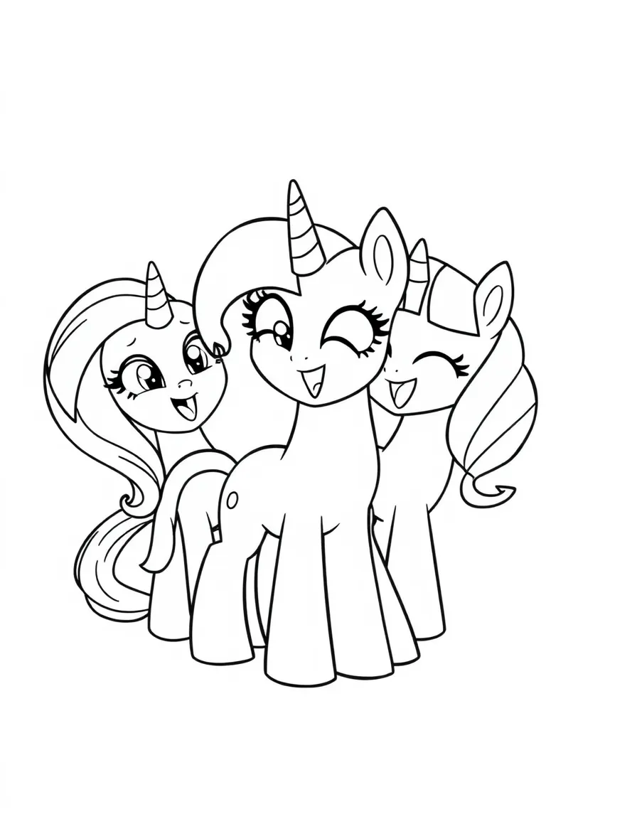 A simple outline of Twilight Sparkle with her friends laughing.