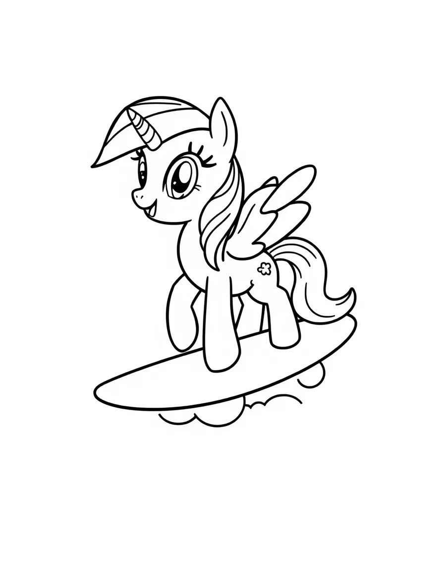 A simple outline of Rainbow Dash surfing on a cloud.