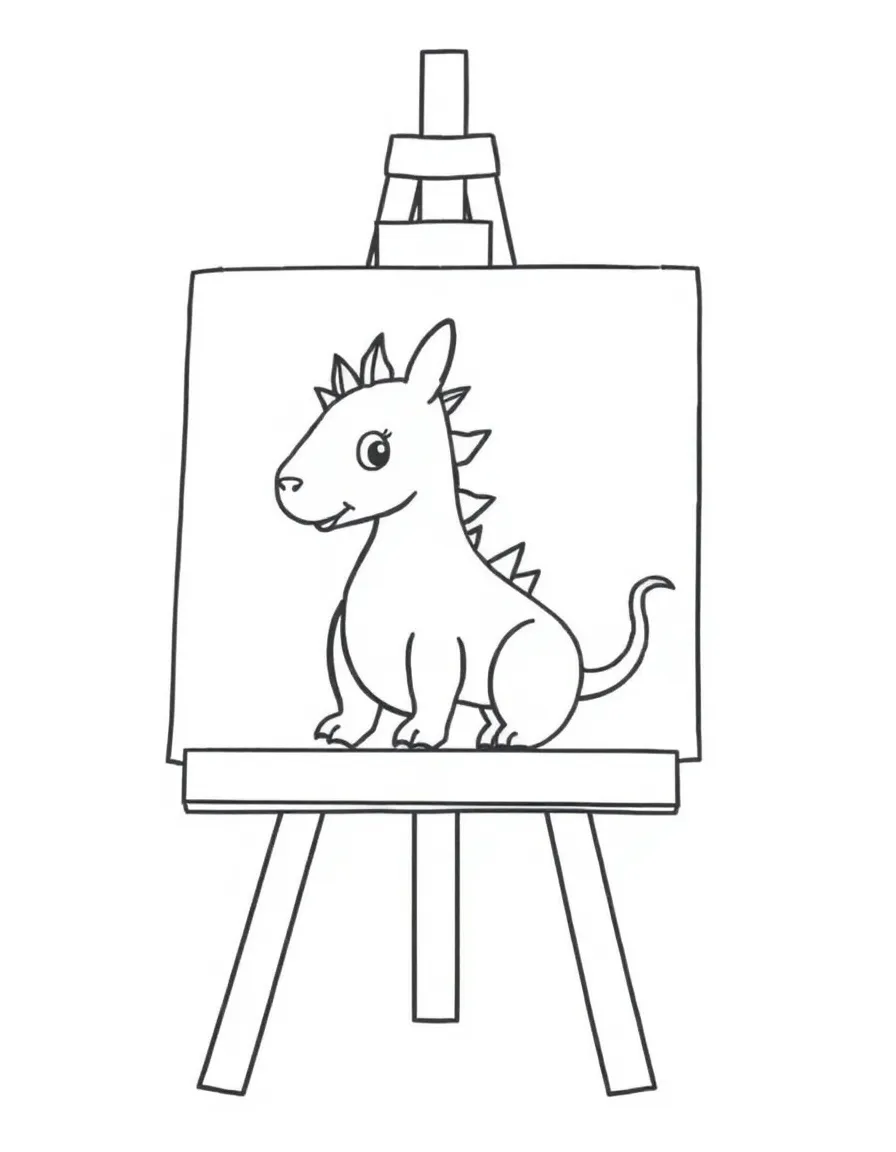 A simple outline of Spike drawing on an easel.