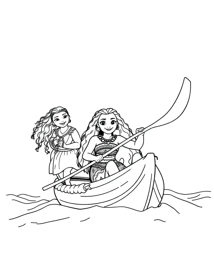(characters in movie "Moana") Moana sailing in her canoe.