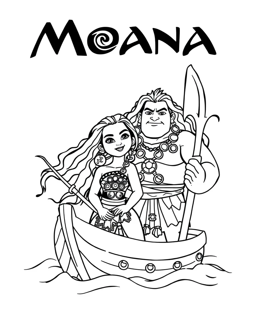 (characters in movie "Moana") Moana and Maui on the boat.