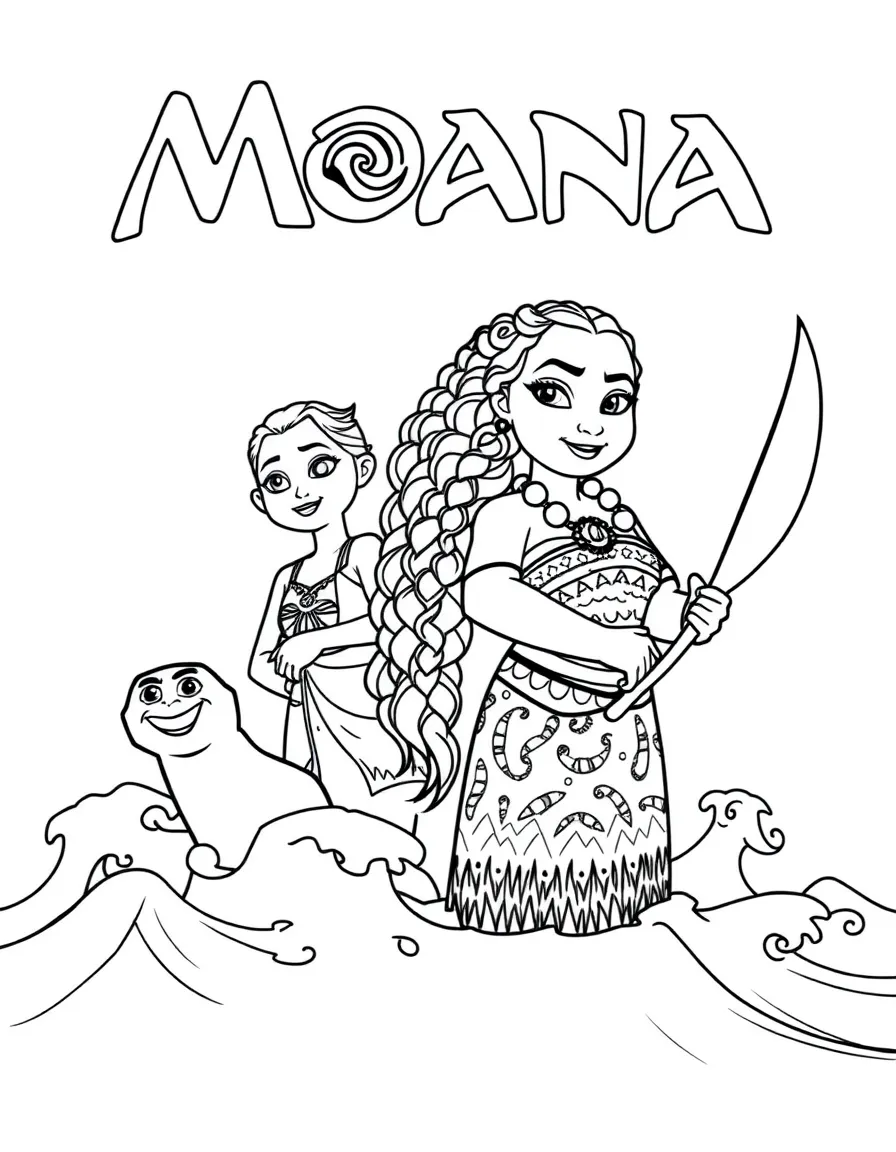 (characters in movie "Moana") Moana with ocean waves.