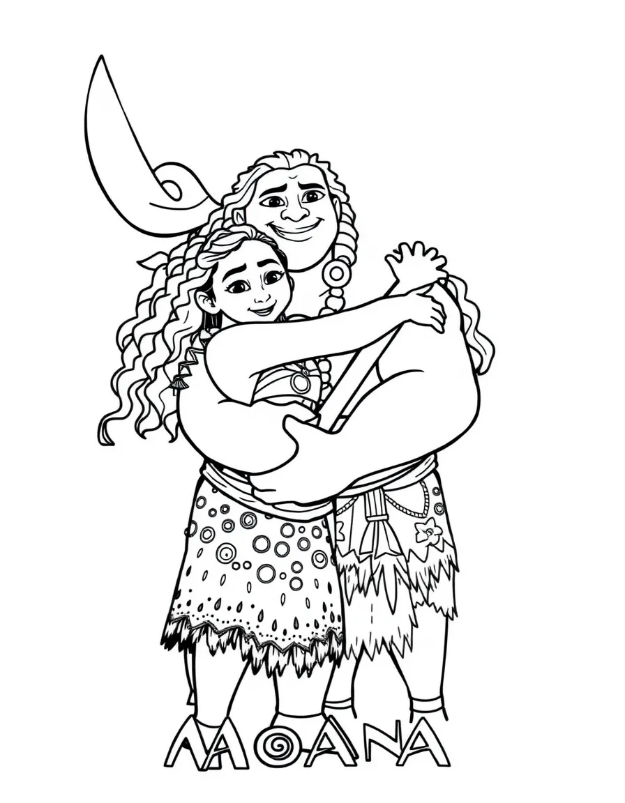 (characters in movie "Moana") Moana and Maui hugging.