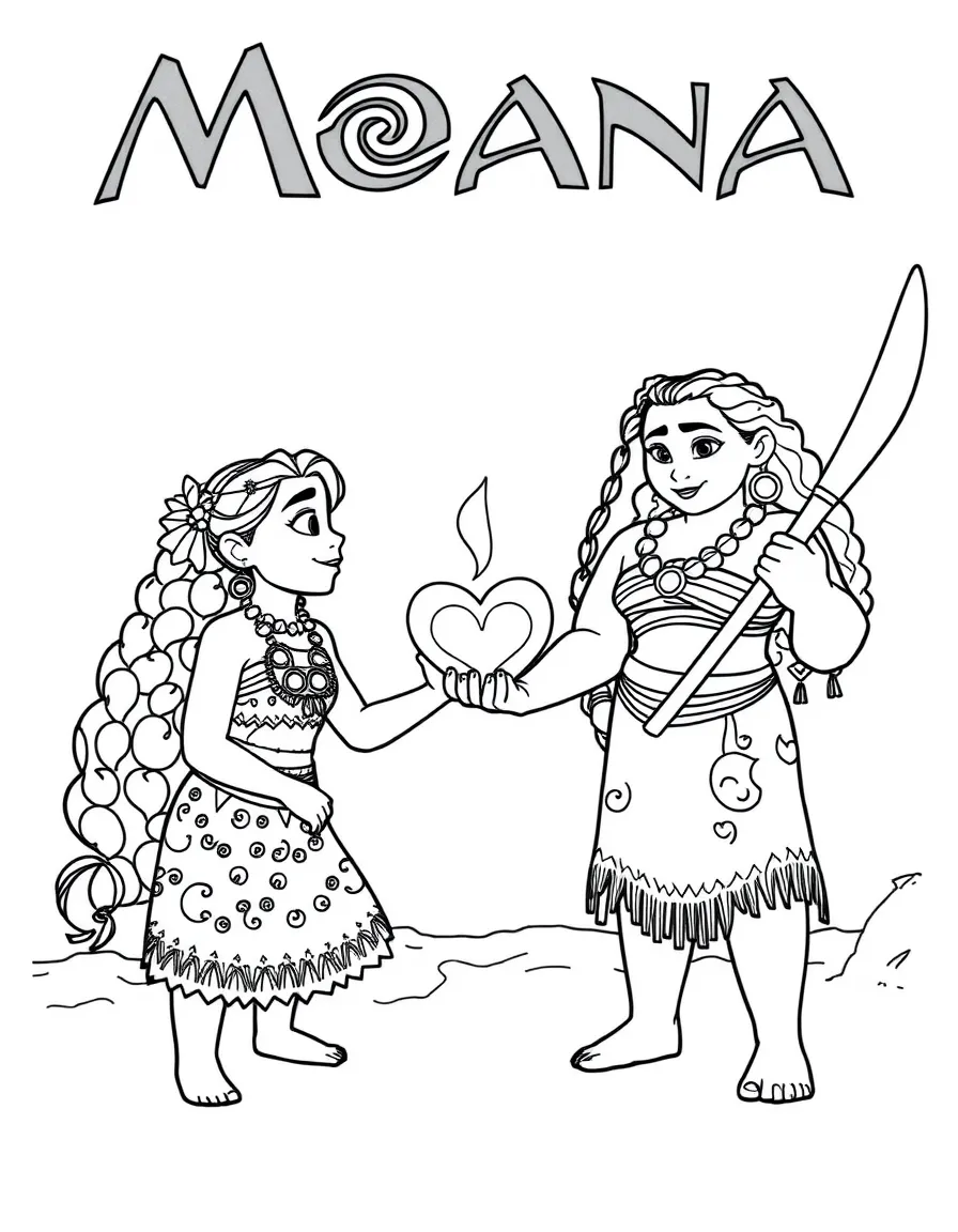 (characters in movie "Moana") Moana putting the Heart of Te Fiti back.