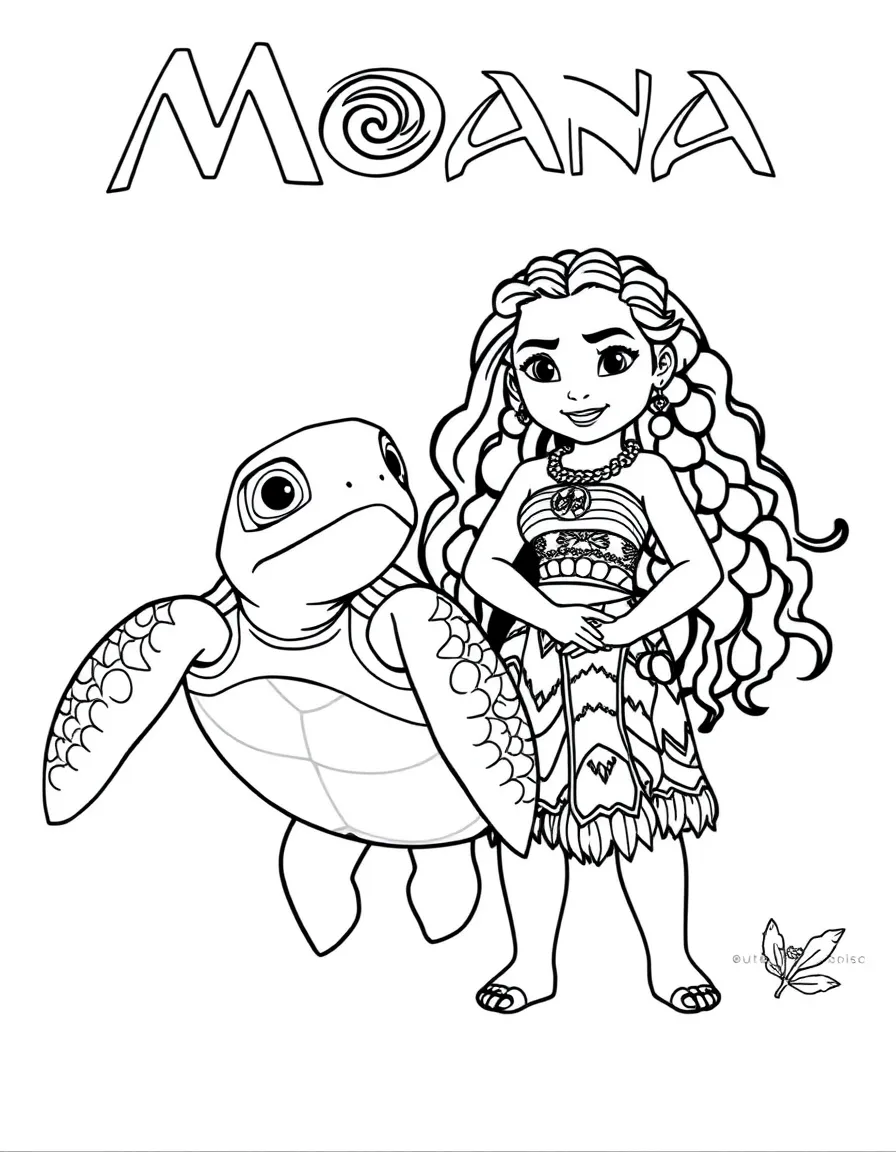 (characters in movie "Moana") Moana with a friendly sea turtle.