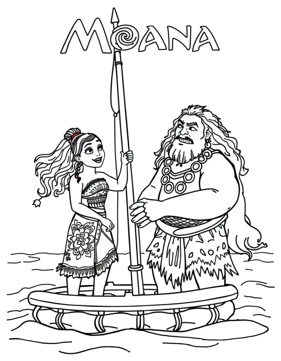 (characters in movie "Moana") Moana teaching Maui how to sail.