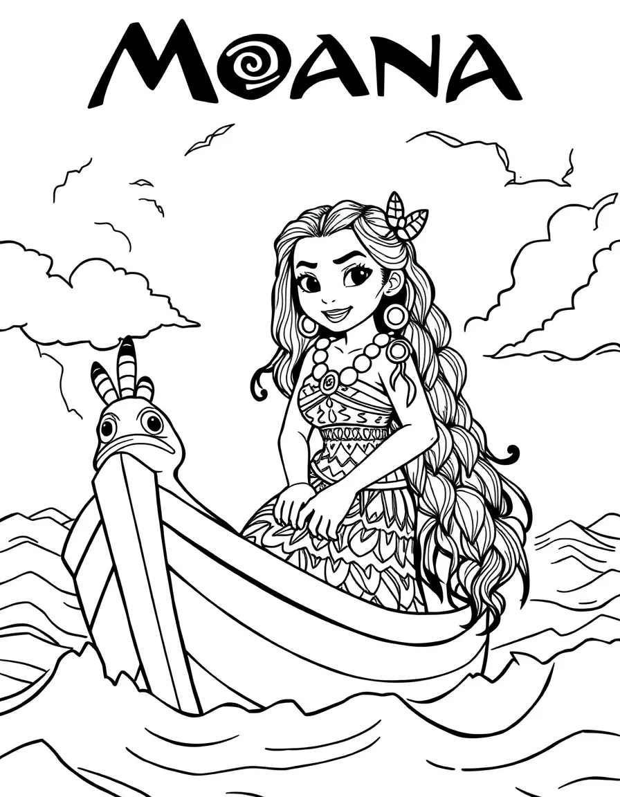 (characters in movie "Moana") Moana and Heihei on the boat during a storm.