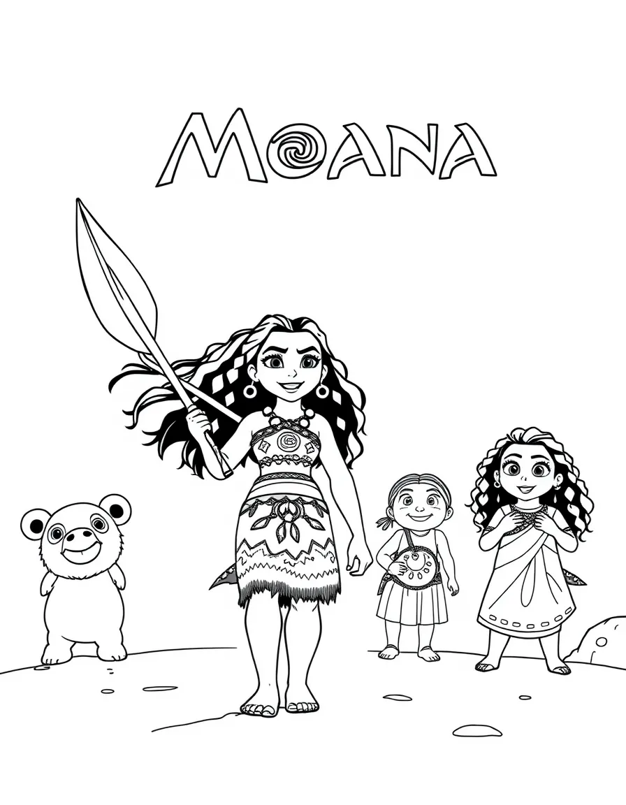 (characters in movie "Moana") Moana leading her people to explore.