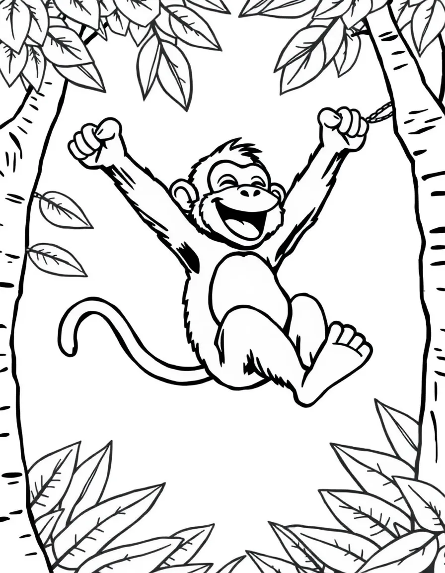 A laughing monkey swinging from trees.