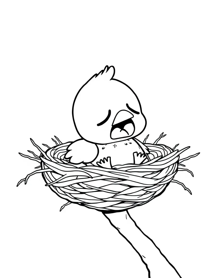 A crying baby bird in its nest.