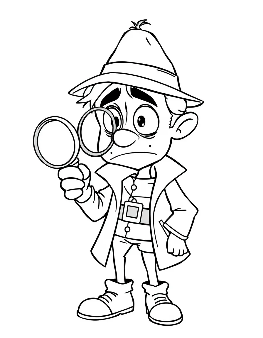 A confused detective holding a magnifying glass.