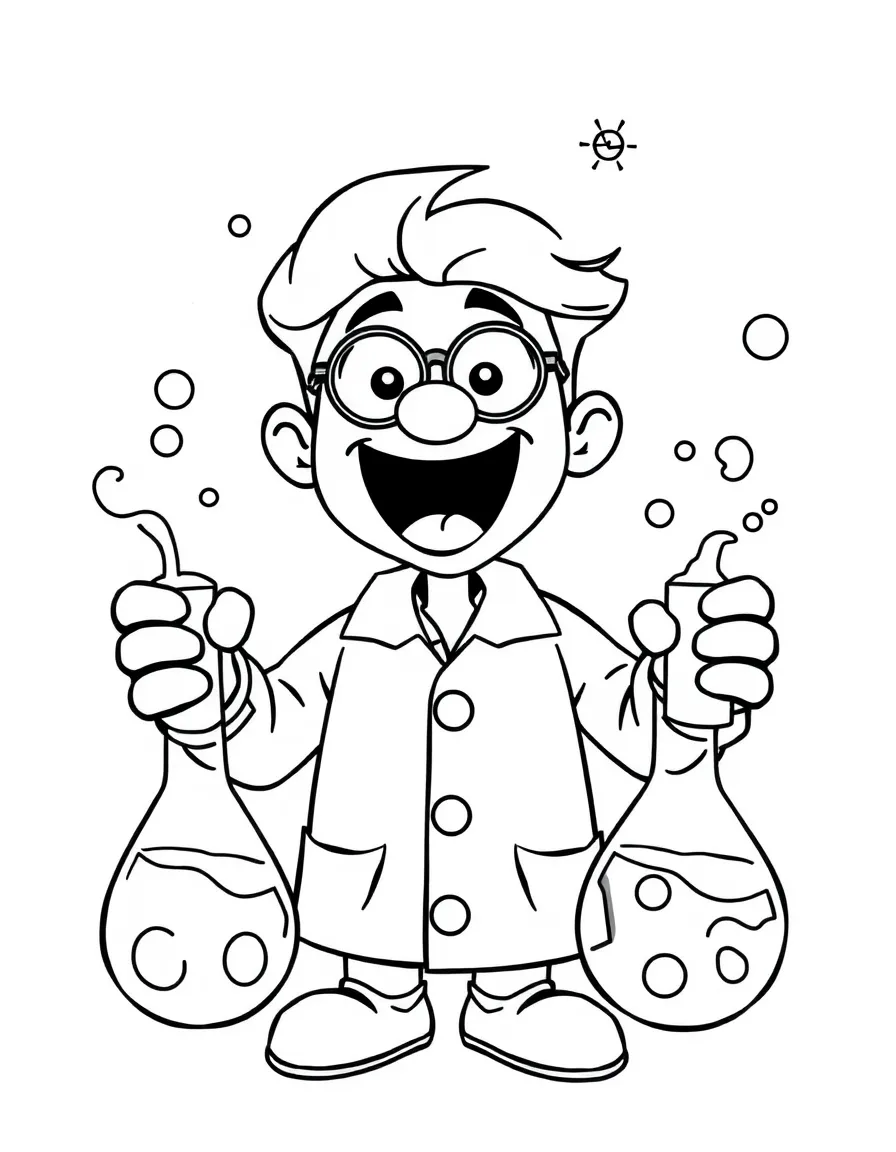 An excited scientist with bubbling beakers.