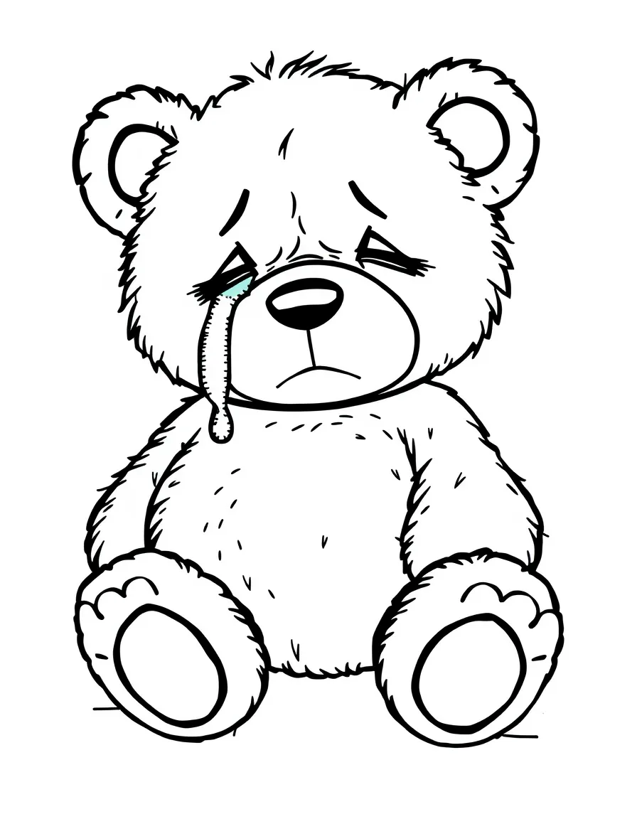 A crying teddy bear with a stitched tear.