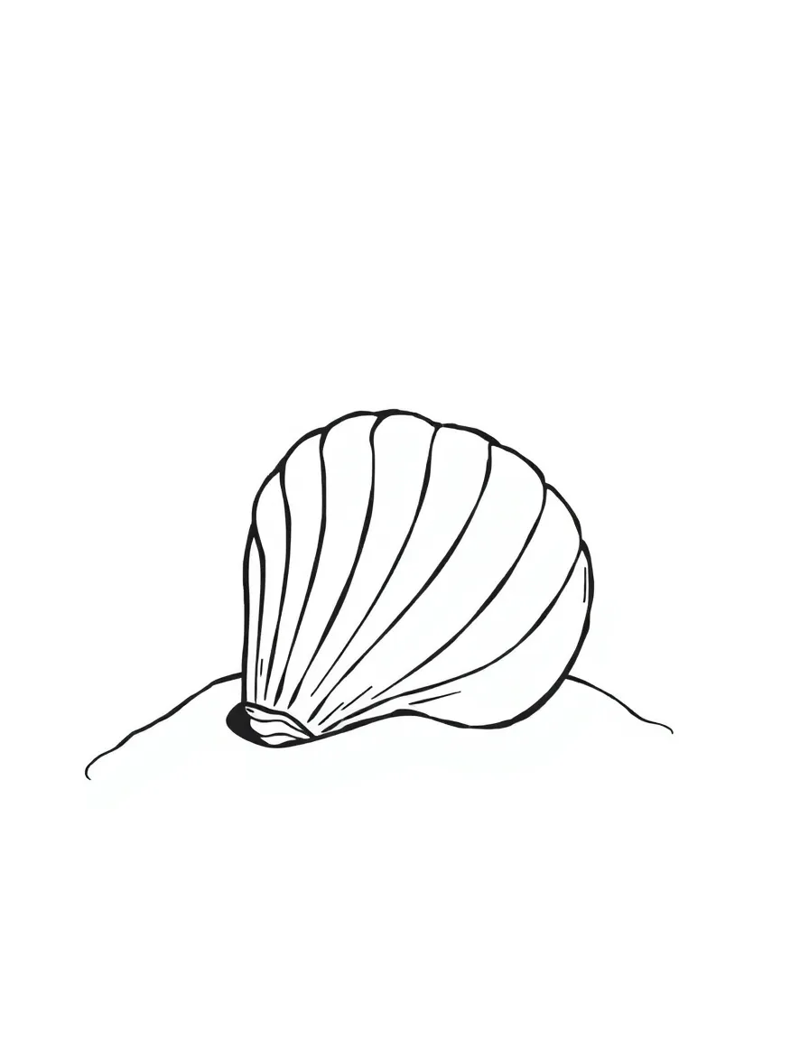 A shy seashell half-buried in sand.