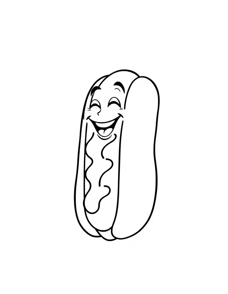 A laughing hot dog with mustard smile.