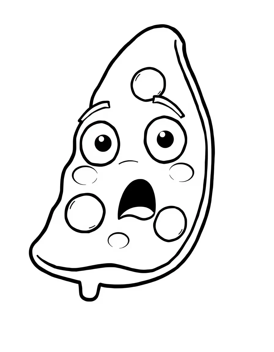 A surprised pizza slice with wide eyes.