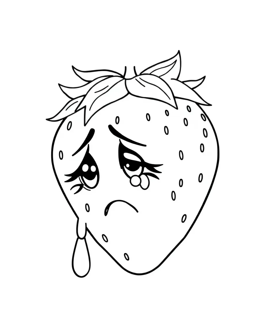 A crying strawberry with a tear.