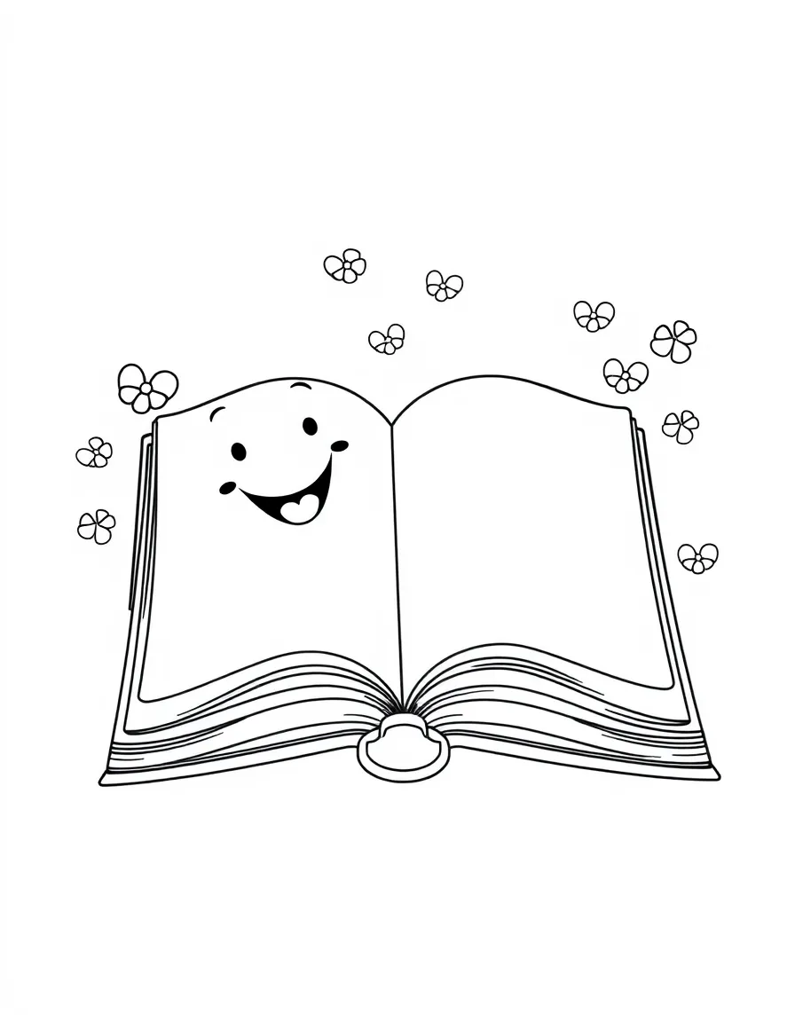 A happy book with open pages.