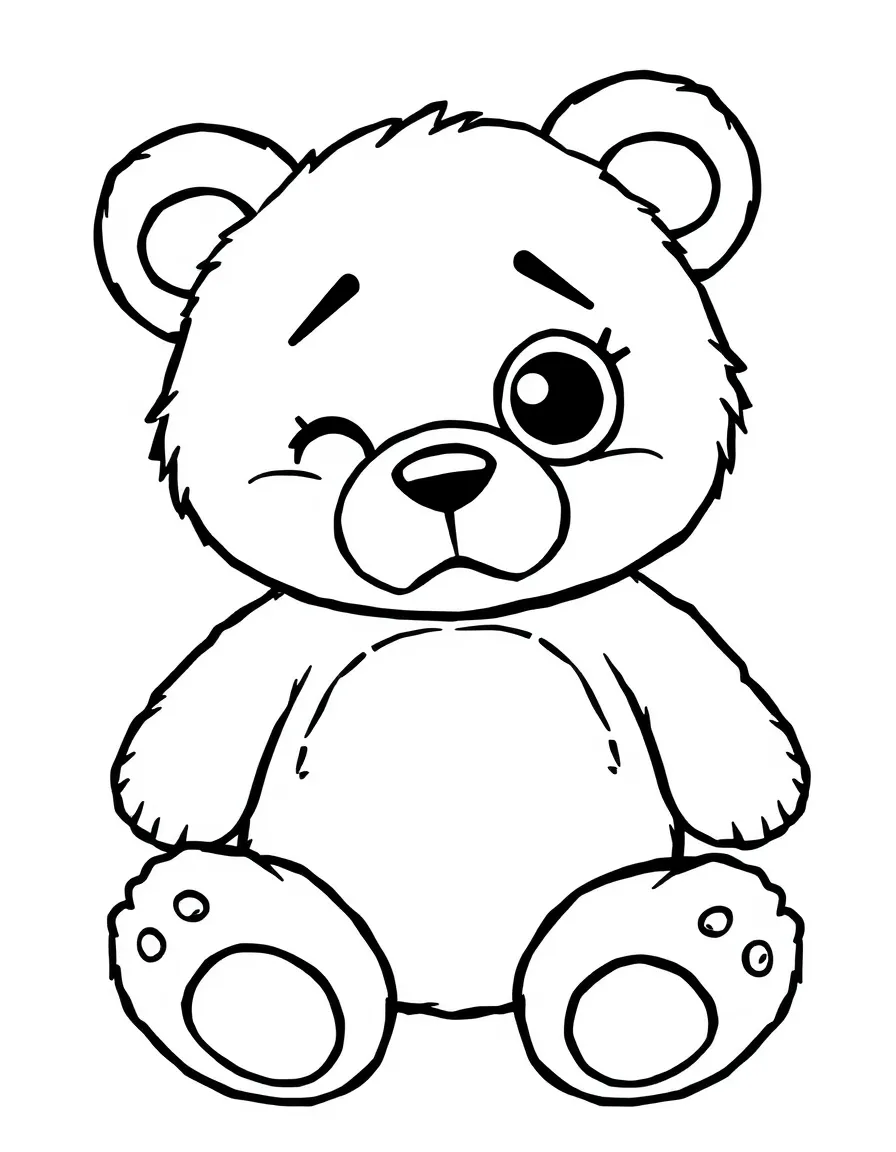 A worried teddy bear missing an eye.