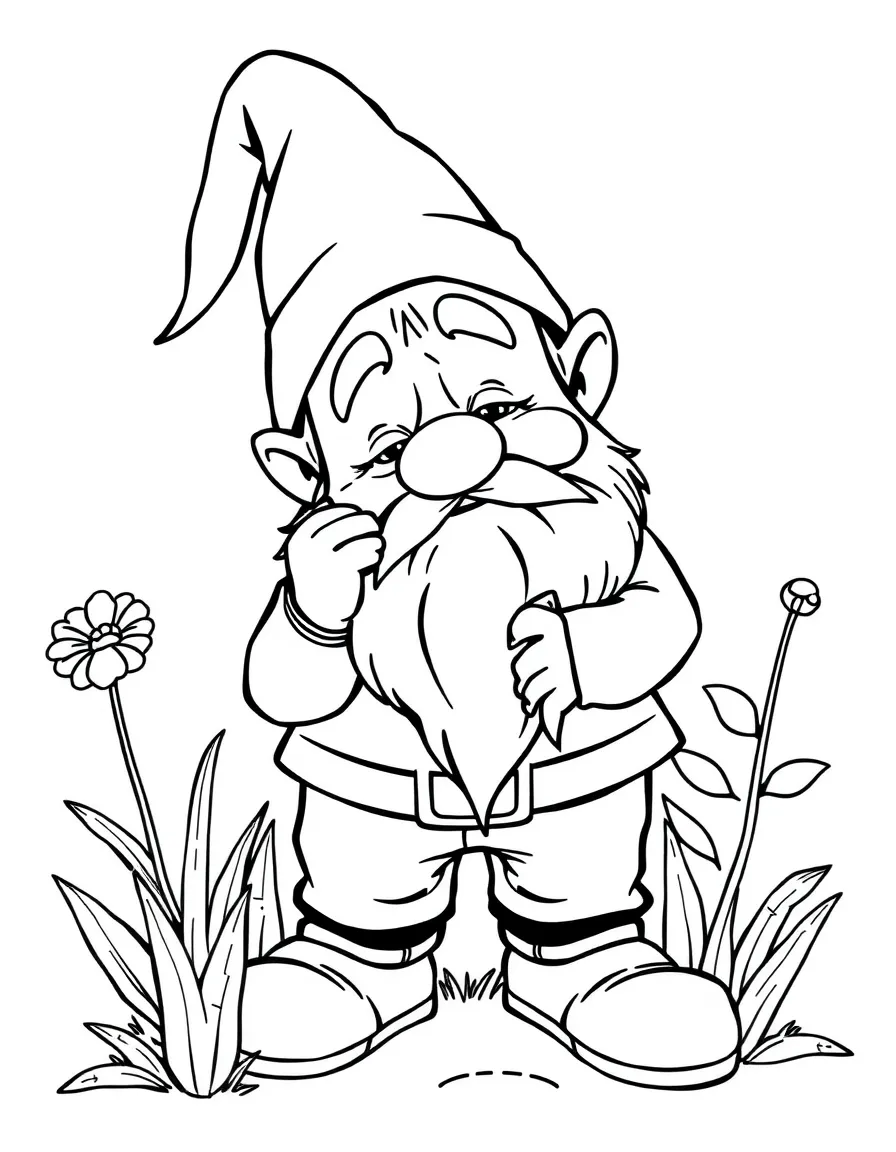A worried garden gnome tipping.