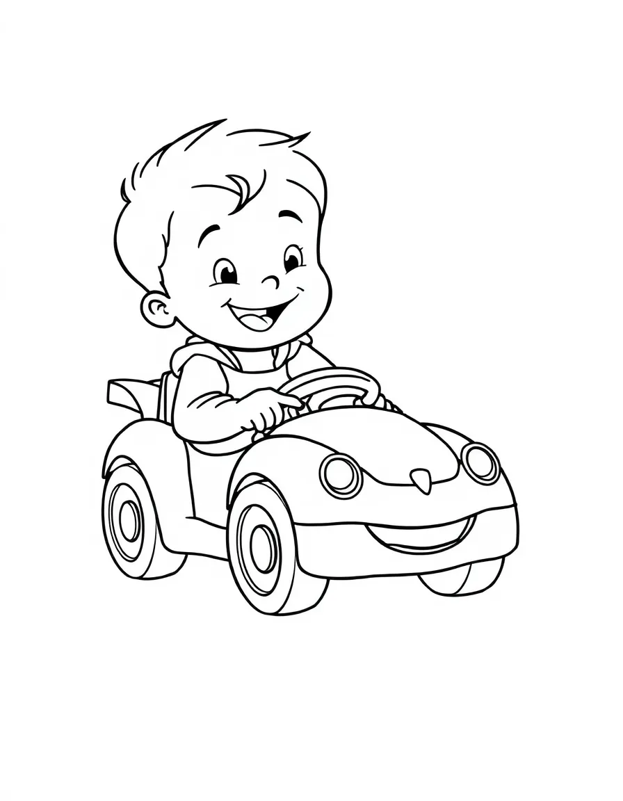 A happy boy playing with a toy car.