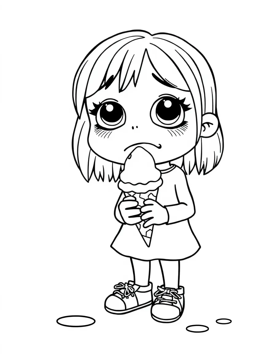 A sad girl dropping her ice cream.