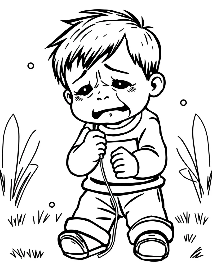 A crying toddler losing a balloon.