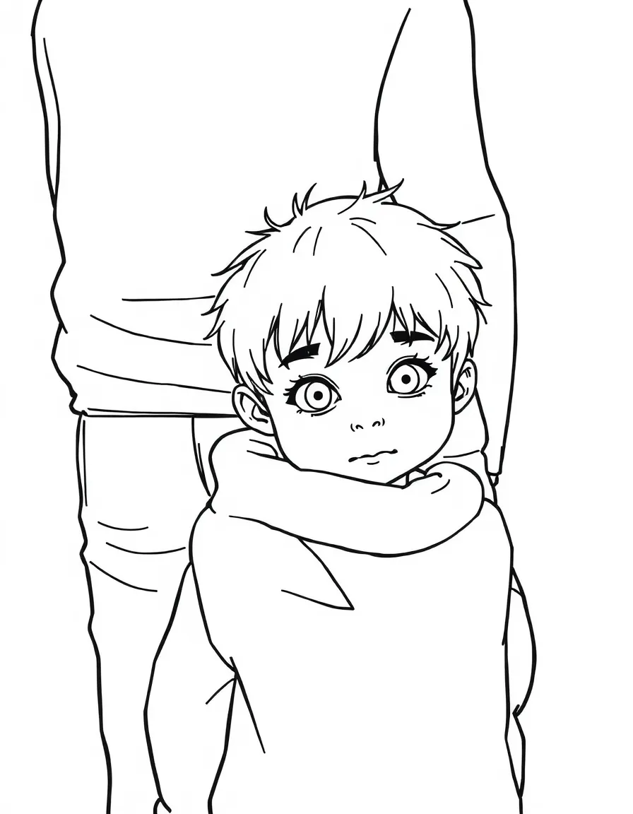A shy child hiding behind a parent.