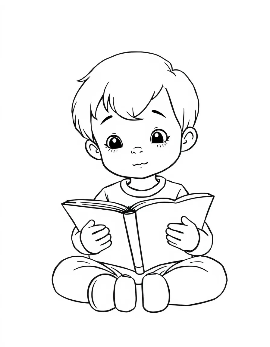 A calm child reading a book.