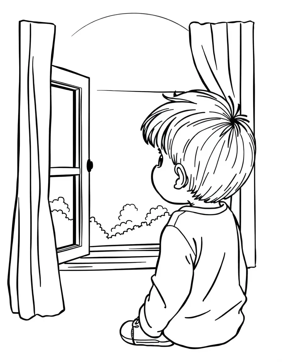 A bored child staring out window.