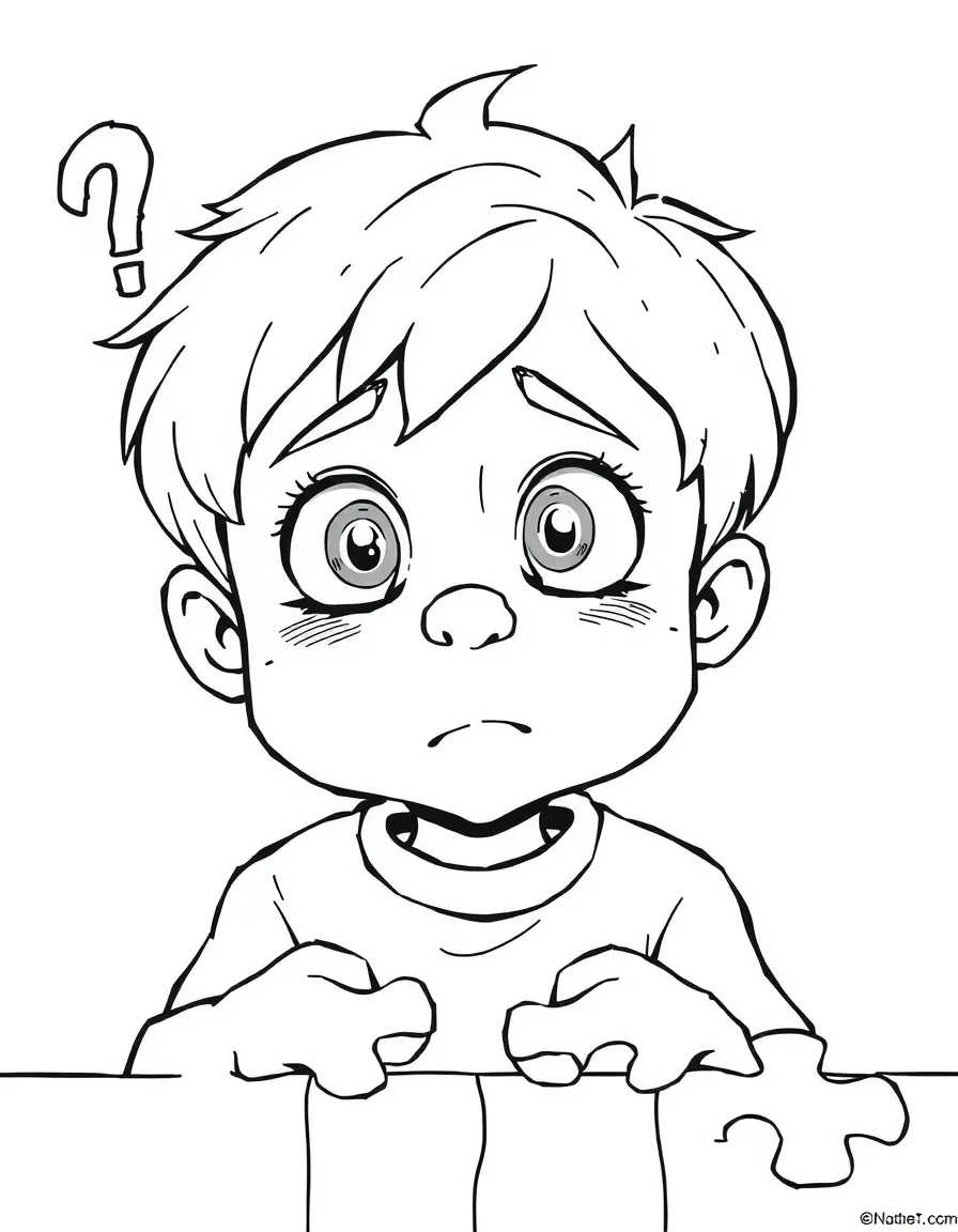 A confused child trying to solve puzzle.