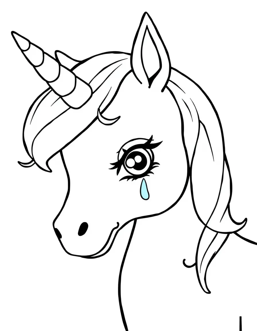 A crying unicorn with a teary eye.
