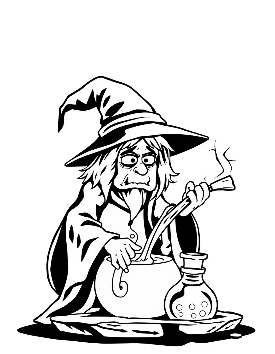 A worried witch stirring potion.